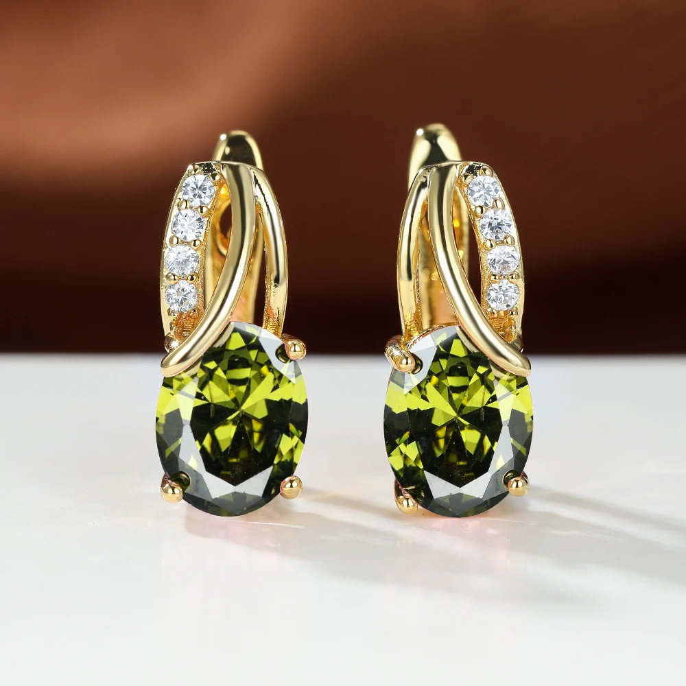 

Luxury Peridot Green Gemostone Gold Earrings for Women Multicolor Oval Zircon Clip Earrings Ear Buckle Lady Wedding Jewelry Gift
