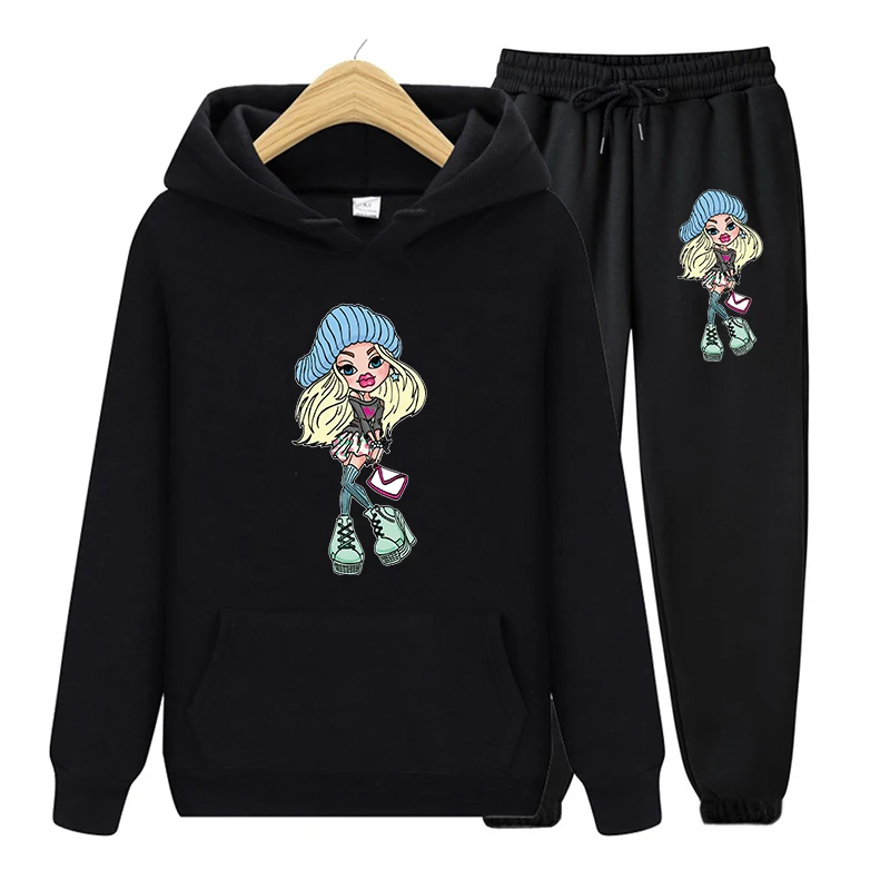 

Cute Girl Print 2 Pieces Set Women Autumn Winter Casual Harajuku Pullover Hoodies Sweatshirt And Pants Black Tracksuit Outfits
