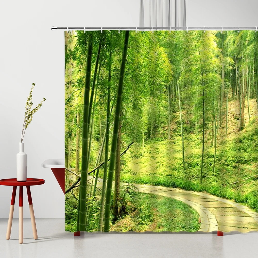 

Green Bamboo Shower Curtain Forest Masonry Rural Road Spring Natural Scenery Bathroom Decoration Bath Curtains With Hook
