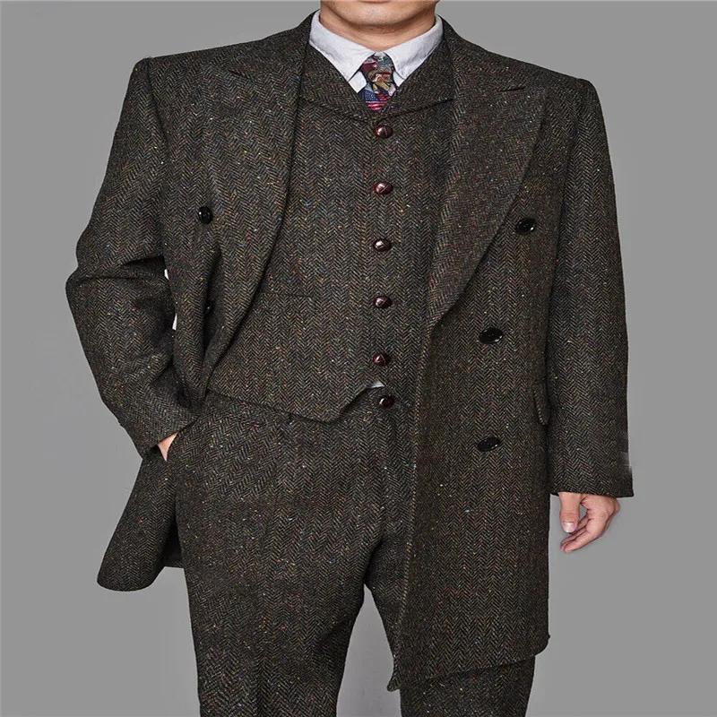 Мужские кофейные цветные винтажные Длинные костюмы с рисунком в елочку 3 шт. |
