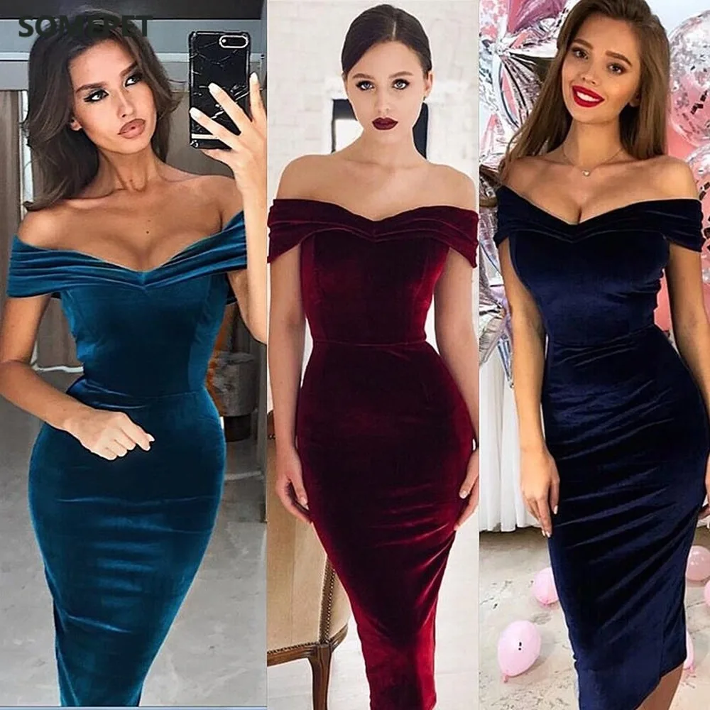 

Spring Velvet Dresses Women Regular Natural Fashion Solid Sexy Slim Sheath Off the Shoulder V-neck Women Dress Vestidos