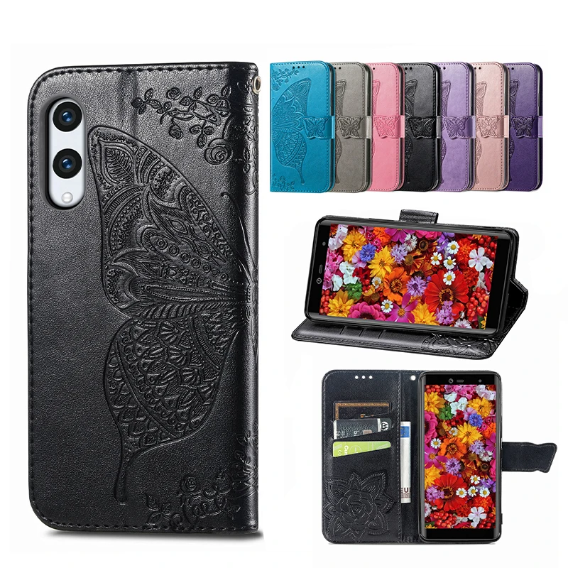 

Luxury Fashion Butterfly Embossed Leather Phone Case For Rakuten Big S Hand Solid Color With Card Slot Bracket Shockproof Cases