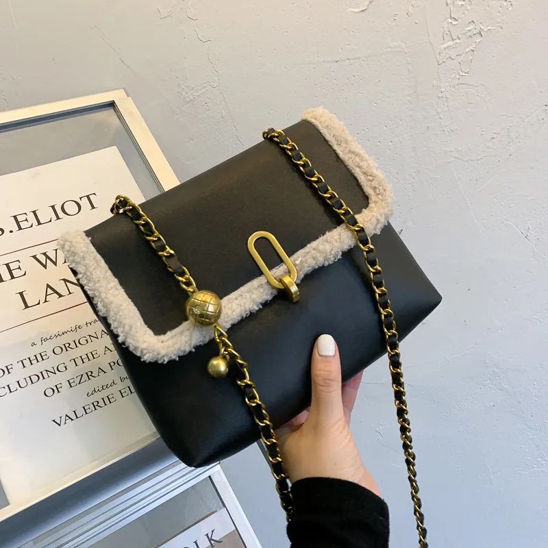 

New 2021 Fashion Women PU Leather Lambswool Shoulder Cross Body Bag Vintage Ladies Female Shopping Travel Chain Bags For Girls