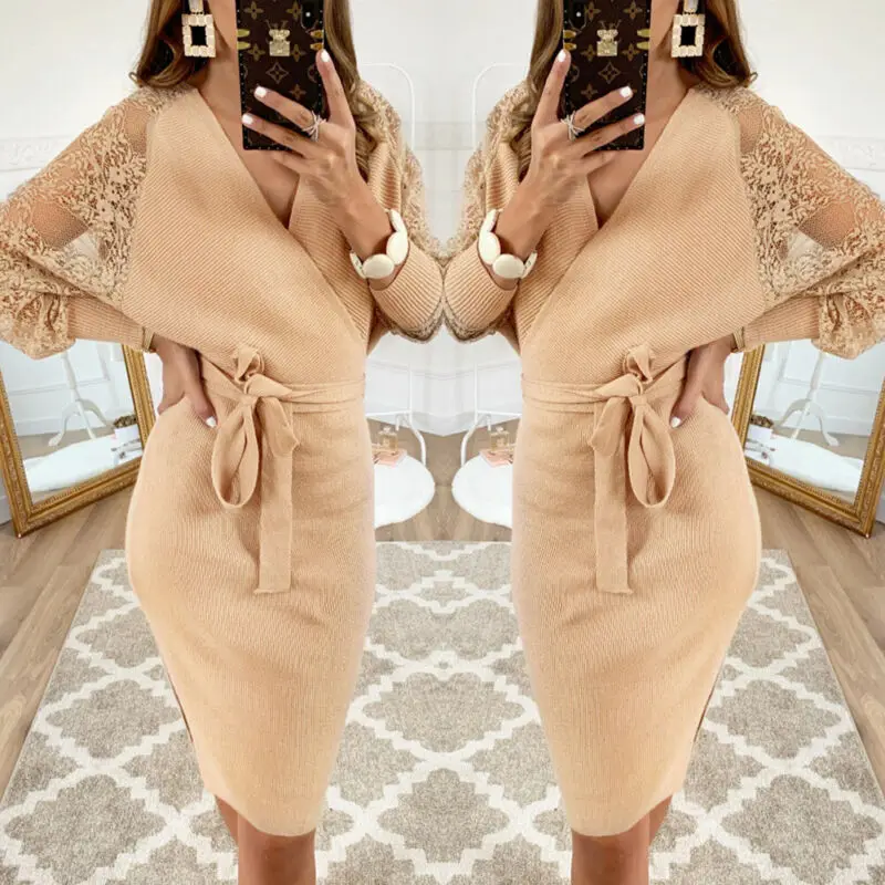 Женское трикотажное платье свитер винтажное Клубное цвета хаки с длинным