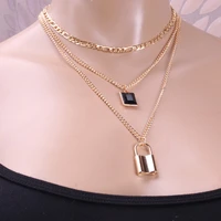 creative square black stone pendant necklace for women with trendy hip hop small lock multi tiered chain party gift necklace