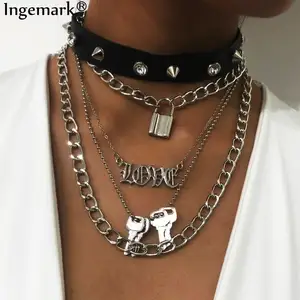 Hip Hop Lock Key Pendant Choker Necklace Steampunk Women PU Leather Chain Necklace Love Padlock Street Punk for Men Goth Jewelry