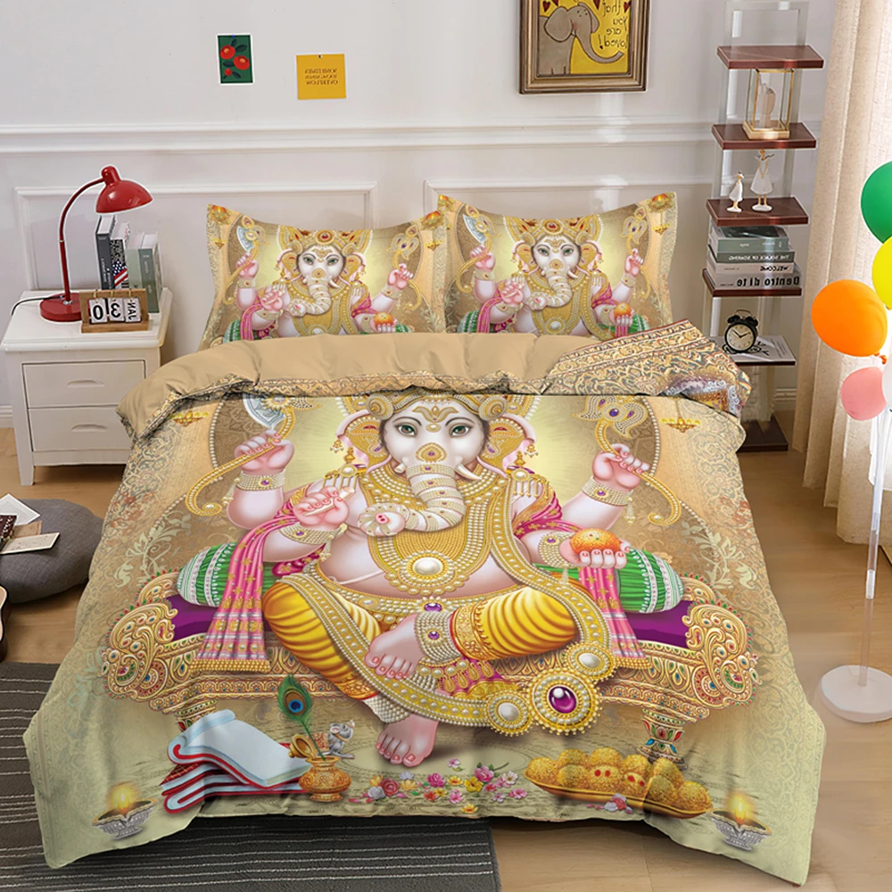 

Hot Sell Queen Size Bedding Set Boho Mandala Colorful Design God Ganesha King Duvet Cover Sets Pillowcase Indian Symbol