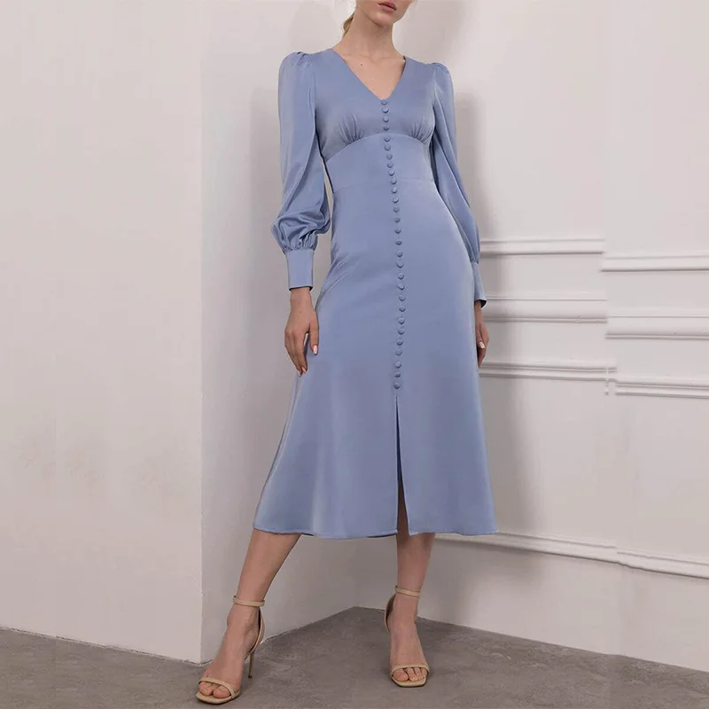 

Auutmn Vintage Chic V-Neck Smooth Party Dresses Women Elegant V-Neck Button Design Lantern Sleeve Dress Office Lady Split Dress