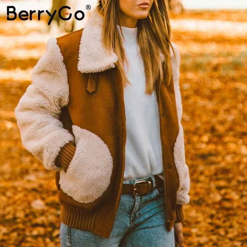 BerryGo Thick faux fur coat women Casual autumn winter patchwork outwear warm coats Long sleeve zipper laides streetwear jackets | Женская
