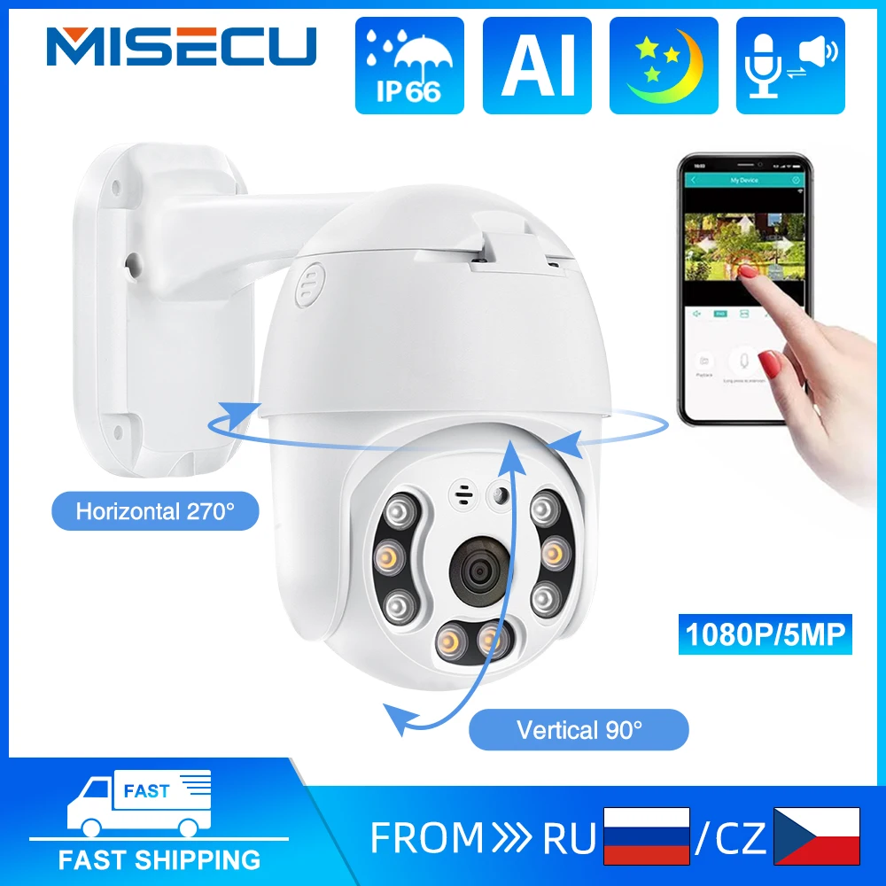 

MISECU 5MP POE IP Camera 1080P PTZ Dome Camera Smart AI Full Color Night Human Detect Outdoor IP66 Support TF Card for POE Kits