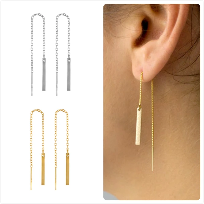 925 Sterling Silver Earrings For Women Gold Long Tassel Girl Gift Stud Female Minimalism Chain brincos R5 | Украшения и
