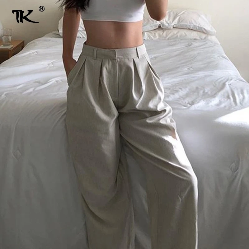 

Women's High Waist Solid Pants Wide Leg Straight Trousers Loose For Women Office Ladies Casual Trouser Autumn Winter Fasion 2021