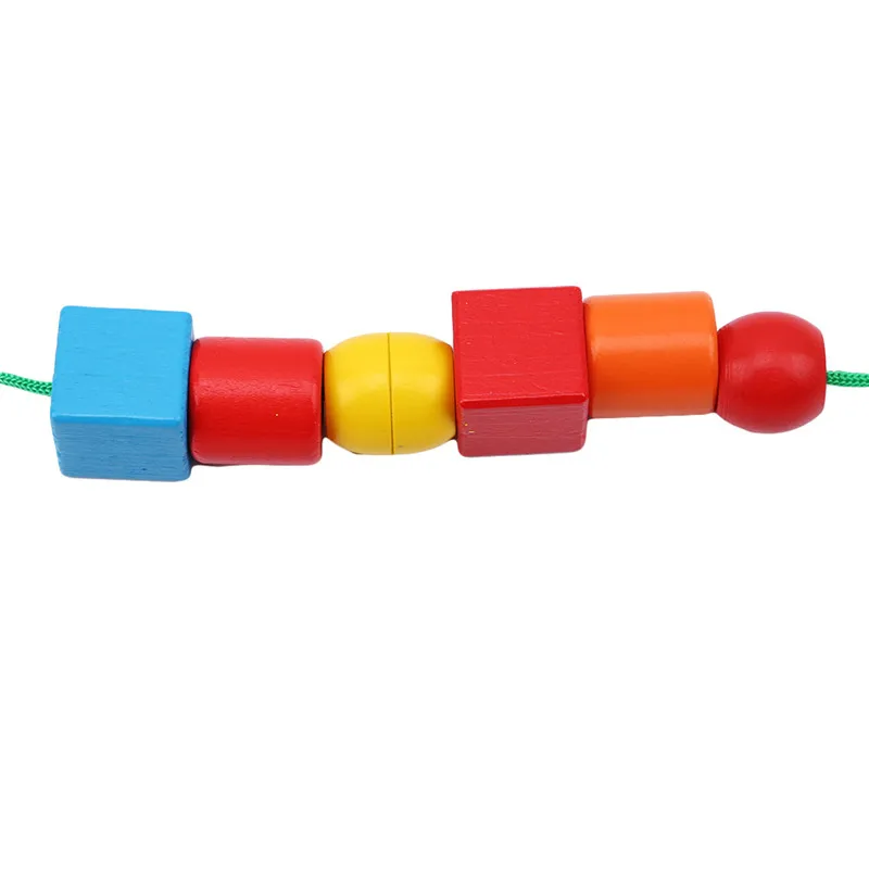 

Wooden Educational Block Toys Geometric Assembling Blocks 30Pcs String Shape Beads Sequencing Box Color Geometrical