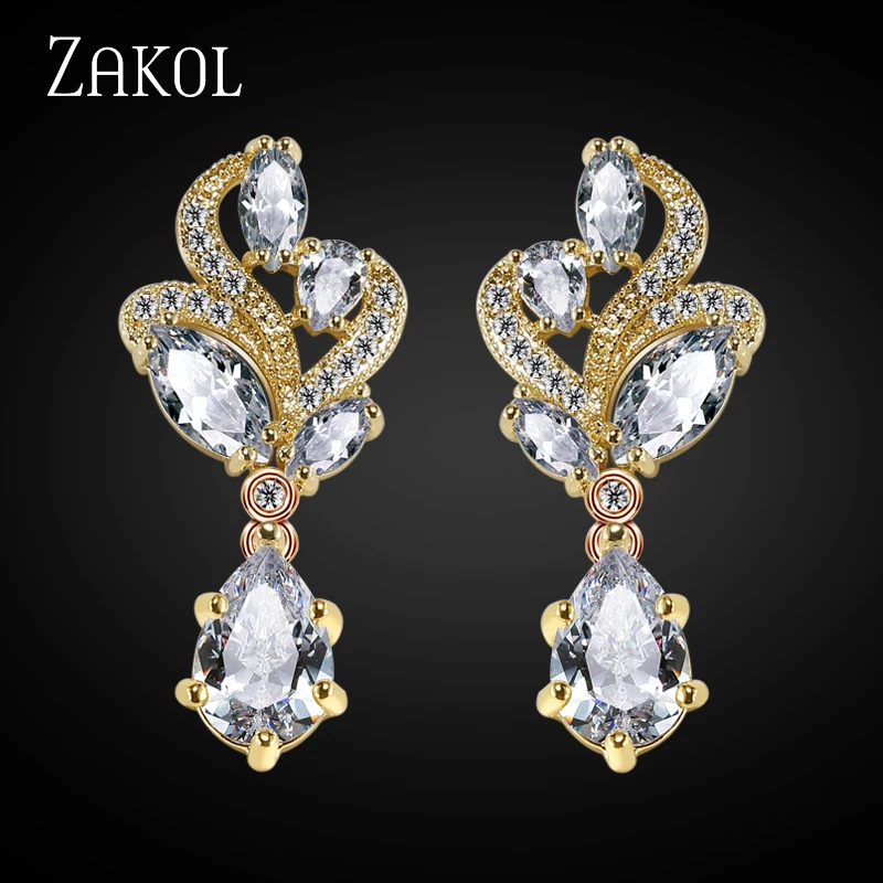 ZAKOL элегантные модные серьги-капли из камня маркиза в форме цветка груши, кубического циркония для свадьбы FSEP263 - Окраска металла: Gold Color