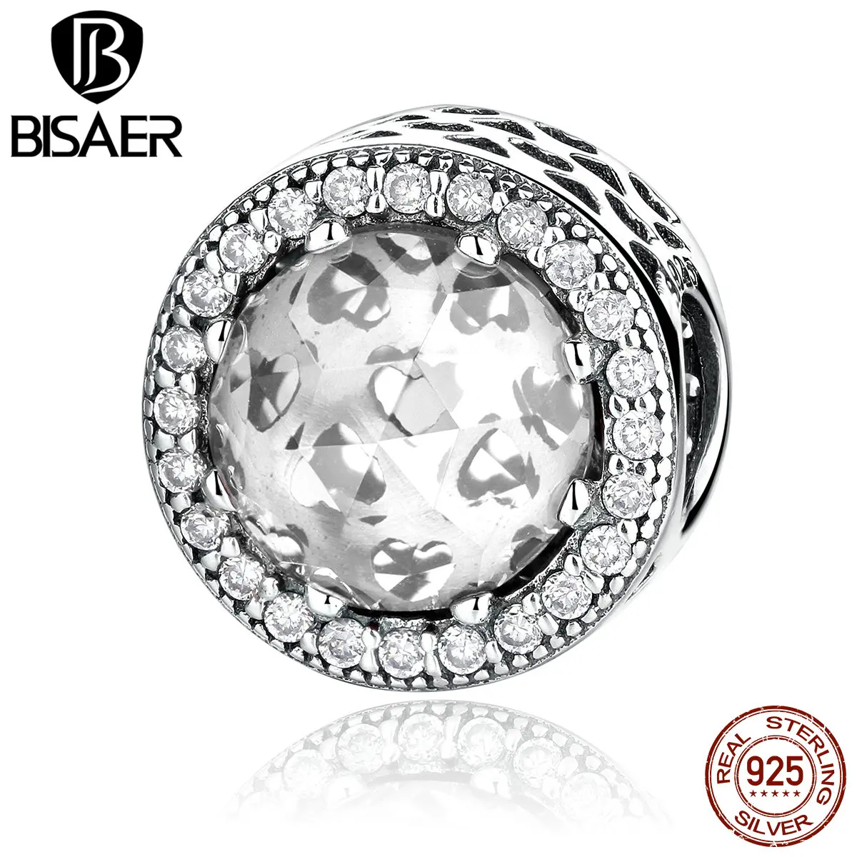 BISAER, 925 пробы, серебро, 925, Сияющие сердца, румяна, розовый, CZ, стеклянные бусины, Очаровательные Подвески, серебро, 925, браслет, ювелирное изделие