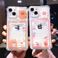 cure cartoon bear rabbit clear phone case for iphone 13 pro max 12 11 x xr xs 7 8 plus card holder wallet soft shockproof cover