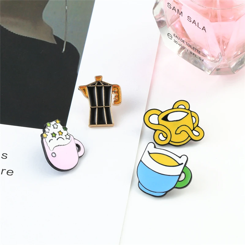 Creative Coffee Machine Cup Collection Brooch Cartoon Daily Enamel Pin Backpack Shirt Collar Label Pins Badge Funny Kids Jewelry