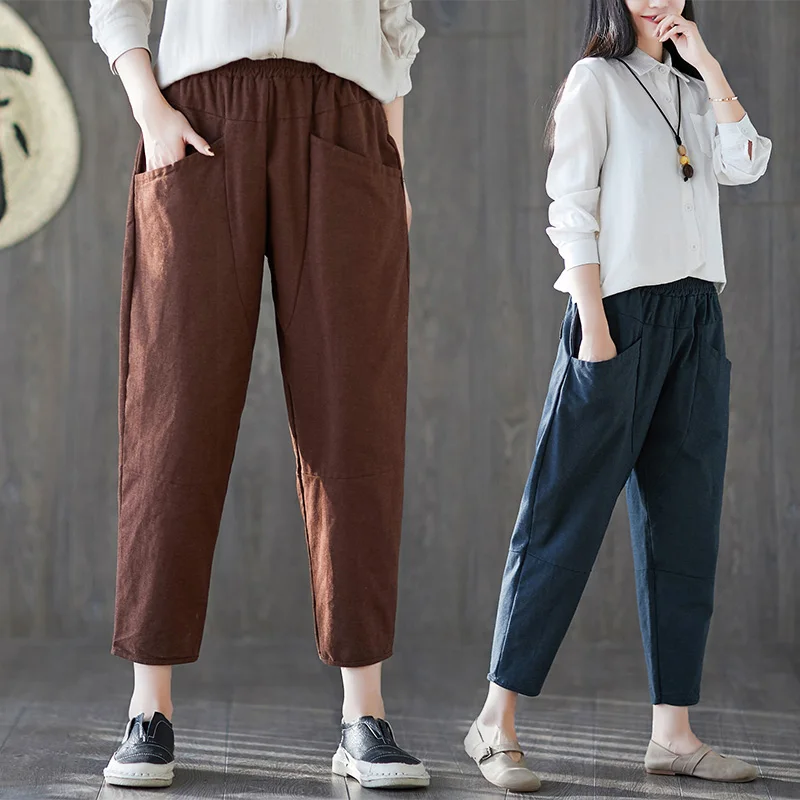 

Брюки-султанки женские из хлопка и льна, Свободные повседневные универсальные штаны в стиле ретро, с эластичным поясом, большие размеры, вес...