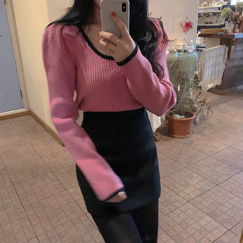 RealShe свитера с квадратным воротником Женские однотонные длинным рукавом и