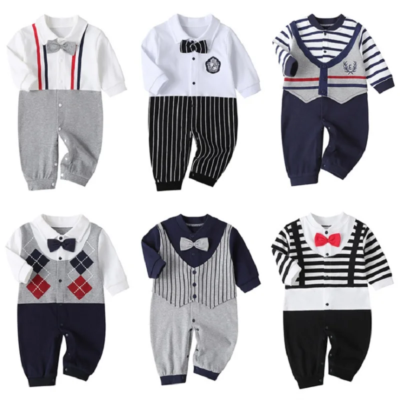 

Newborn Baby Boy Romper 2020 Spring Fall Long Sleeves Bowtie Style Baby Clothes Little Gentle Man Baby Jumpsuits