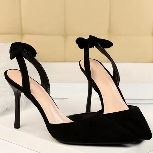 Boussac Elegant Bowtie Slingback High Heel Women Pumps Sexy Pointed Toe High Heels Ladies Shoes Suede Thin Heel Party Shoes B233
