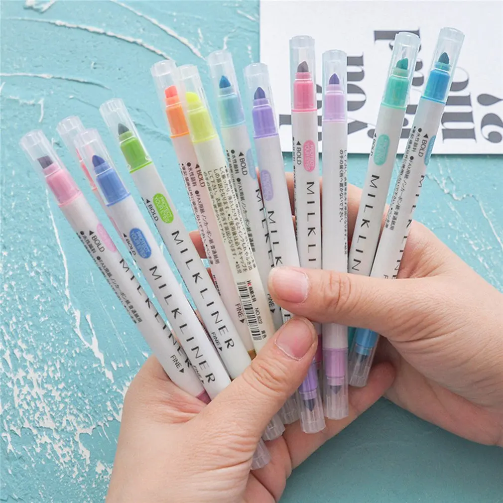 

12Pcs/Set Mildliner Highlighter Pen Stationery Double Headed Fluorescent Marker Pen 12 Colors Mark Pen Cute Mildliner