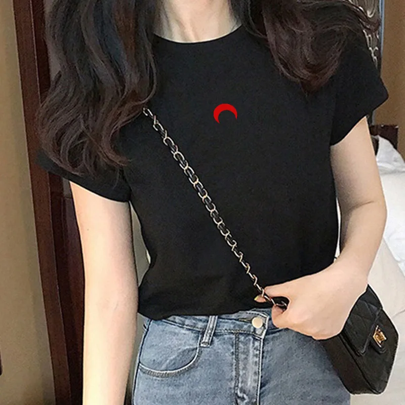 Летняя шикарная футболка в корейском простом дизайне рубашка с принтом Луны и