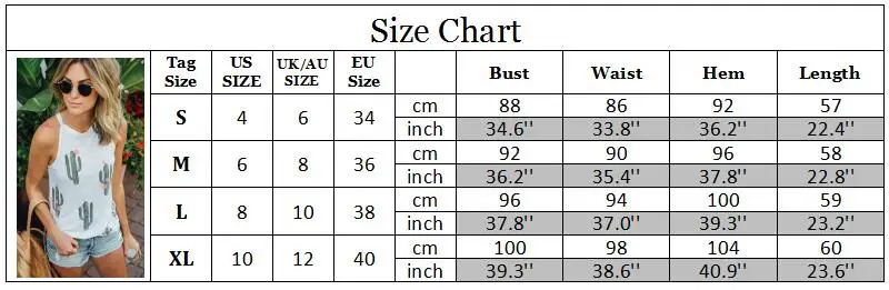 

Women Tops and Blouses new Summer Fashion Cactus Print Tops Tees Sleeveless Boho Casual White Blouse Shirts Blusas Femininas