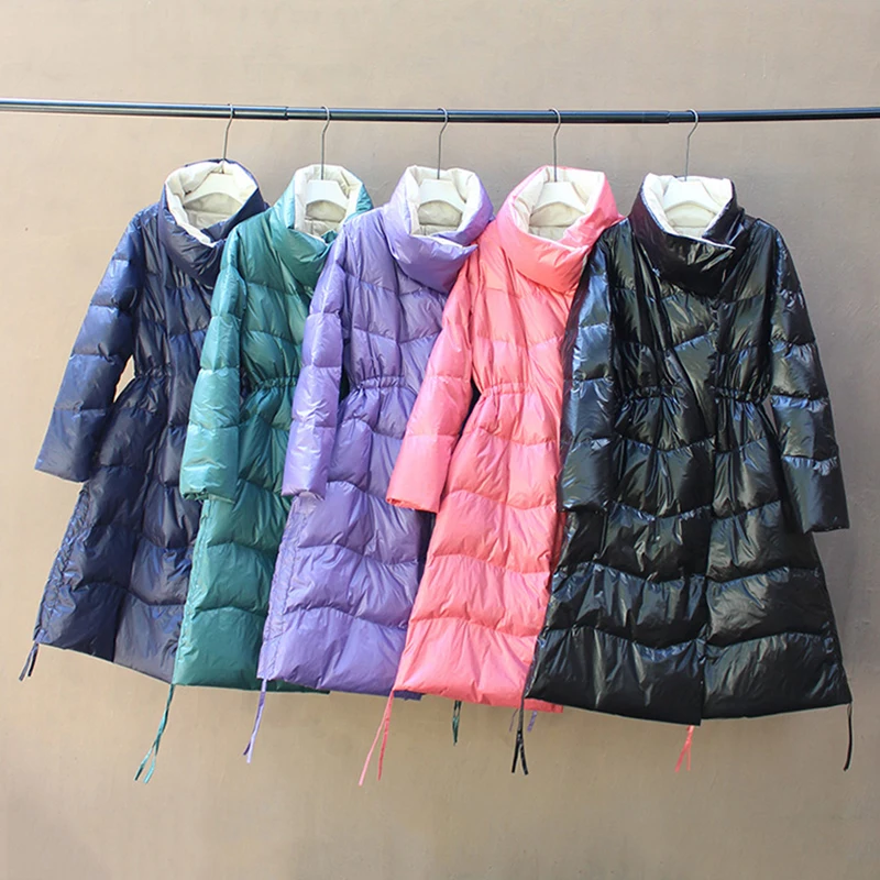 

Женский длинный пуховик на 2019 белом утином пуху, тонкий пуховик со стоячим воротником и темной пряжкой, Осень-зима 90%