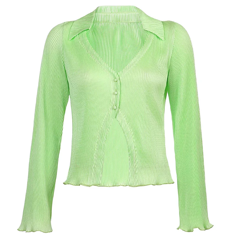 

Sexy Deep V Neckline Green Shirt for Women Autumn 2021 Long Sleeve Shinny Satin Shacket Female Green Blouse Streetwear Tops Chic