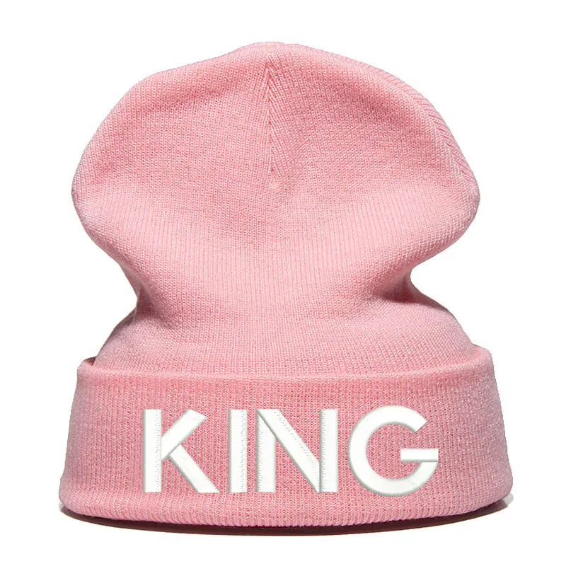 King Letter Beanie Hat Skullie шапка, вязаная шапка-носок зимняя Осенняя вязаная вышивка Кепка в стиле хип-хоп Мужская и женская Подростковая Кепка для уличных танцев черная - Цвет: pink white
