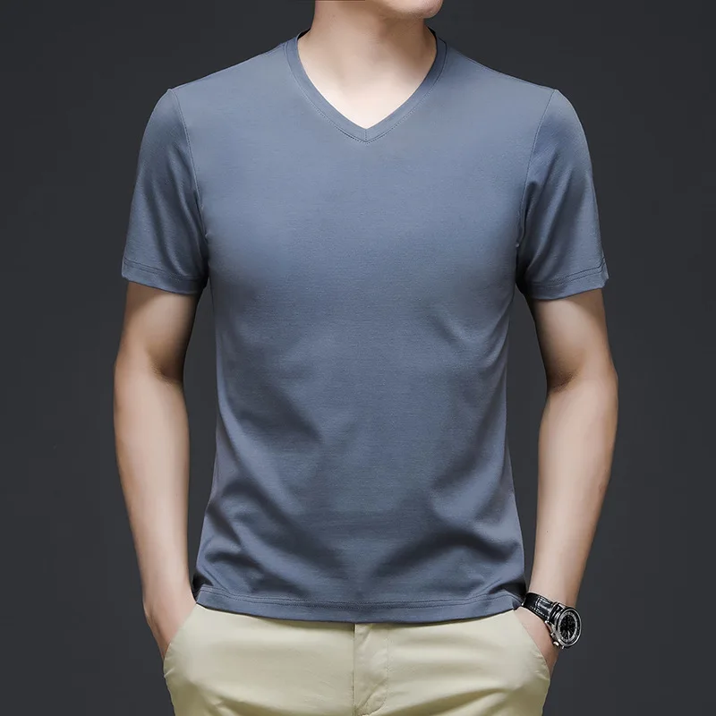 

Silk cotton silk silk silk short-sleeved t-shirt men's tide.summer loose casual white round v collar half-sleeved bottom shirt