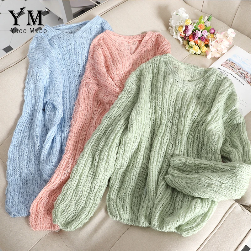 YuooMuoo Candy Color Crochet Hollow Out V Neck Sweater Early Fall 2019 Women Thin Knitted Casual Female Tops pull femme | Женская одежда