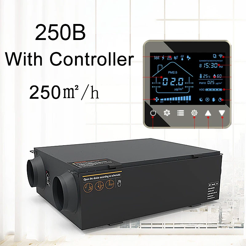 

Tuya Wi-Fi 250 ㎡ Центральная система очистки свежего воздуха для очистки свежего воздуха, полный тепловой фильтр, теплообменник, вентилятор свежего воздуха