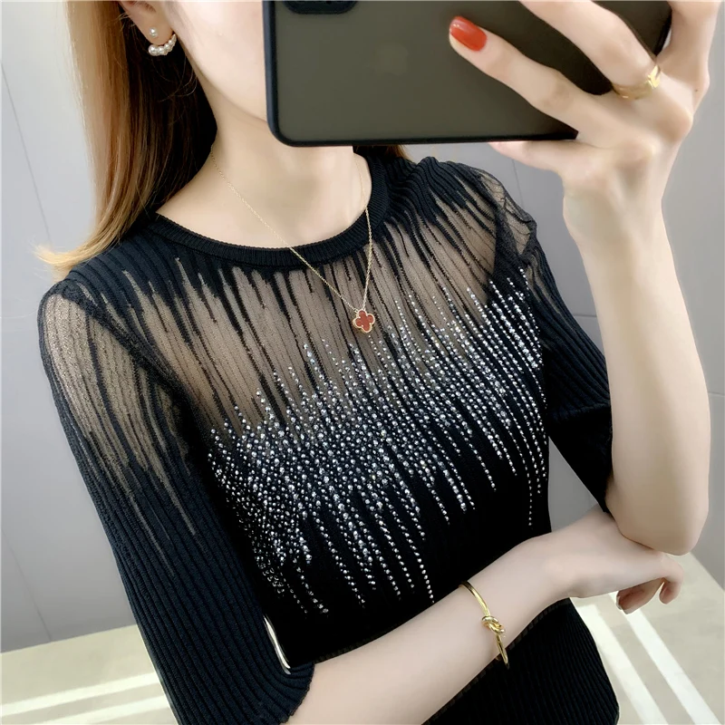 

2021 Special Offer Top Fashion Room 198063 On The 4 Row 7 】 Make Pure Color Lace Drills Very Short Sleeve Knit 33