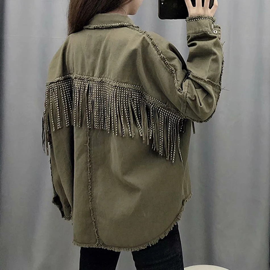 

Women Vintage Tassel Denim Jacket Coat 2021 Fashion Fringe Beaded Loose Long Sleeve Ladies Frayed Trim Outerwear Chaqueta Mujer