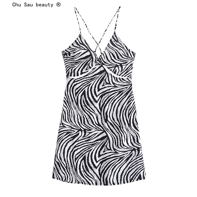 

New Fashion Spring Party Style Zebra Pattern Printed Mini Dress Women Sexy Chic V-neck Sleeveless Backless Sling Dresses Female