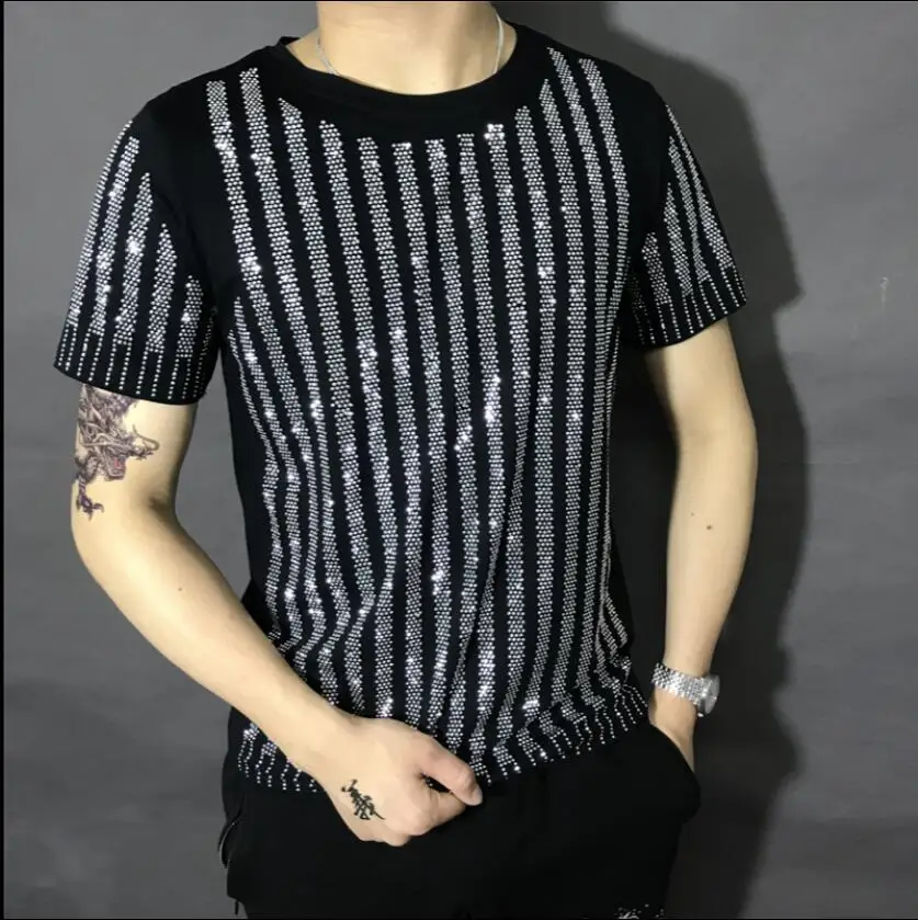 black short sleeve S-4XL, мужские толстовки с длинными рукавами, ручная работа, роскошные стразы, круглый вырез, большой размер, для мужчин и женщин, для ночного клуба, костюмы певицы - Цвет: black short sleeve