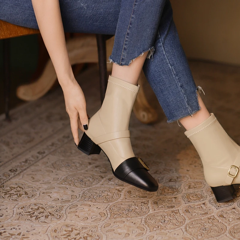 

2021 Women's Genuine Leather Boots Autumn The New Fashion Versatile Square toe Color Matching buckle Women's Shoes Size 34-40