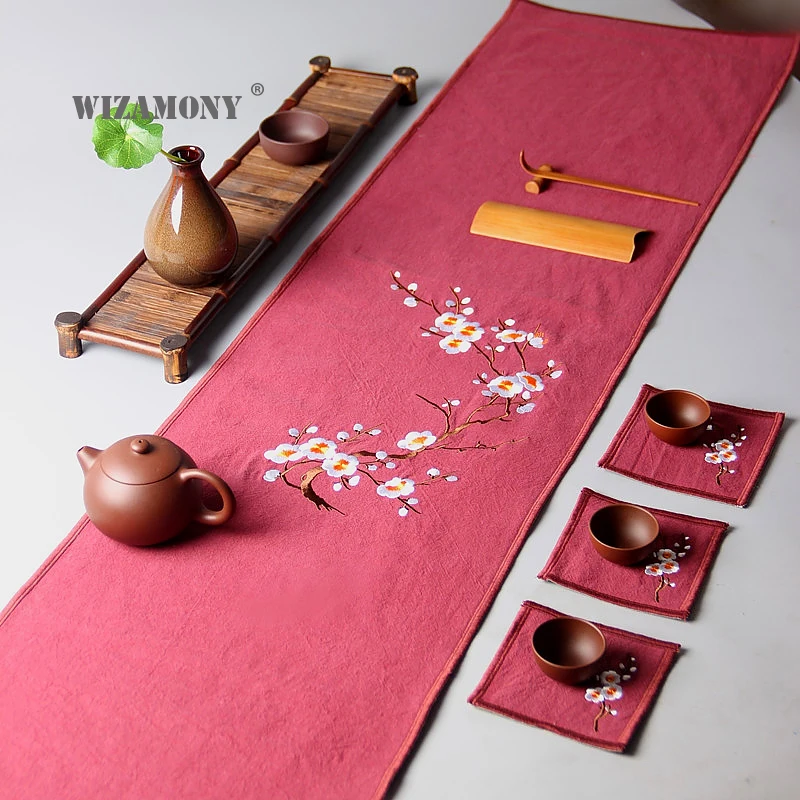 

WIZAMONY Handmade tea mats Chinese Table Runner Flower Style For Kung Fu Tea Table Chinese Crafts Linen and Cotton Tea Mat