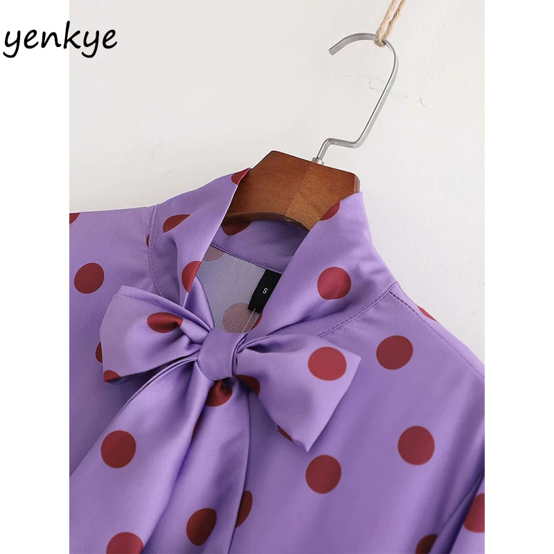 Весна 2020 женское винтажное платье сатин в горошек с бантом на воротнике и длинным