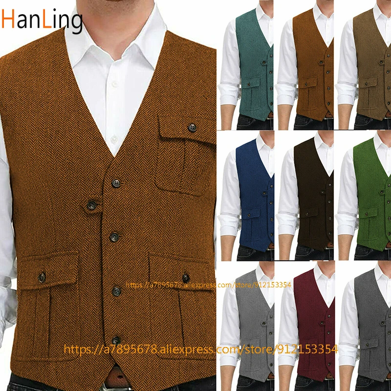 Men's Herringbone Suit Vest Hunting Western Denim Jacket Steampunk Waistcoat желетка мужские
