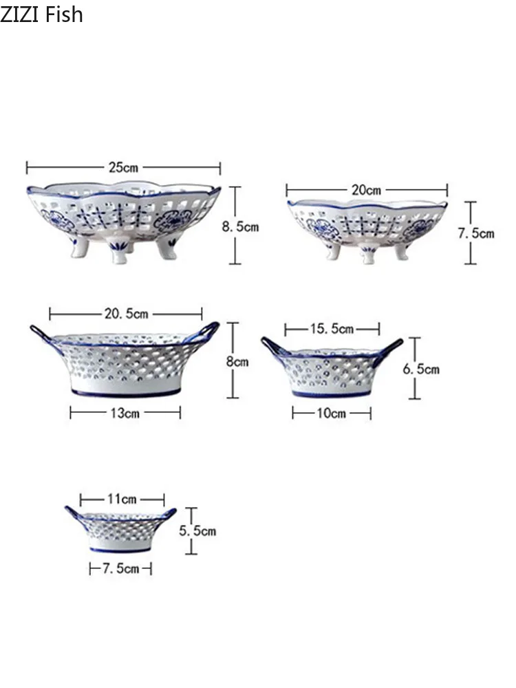 Home Ceramic Bowl Blue and White Porcelain Openwork Plate Tea Table Vegetable Fruit Basket Kitchen Storage Supplies | Дом и сад
