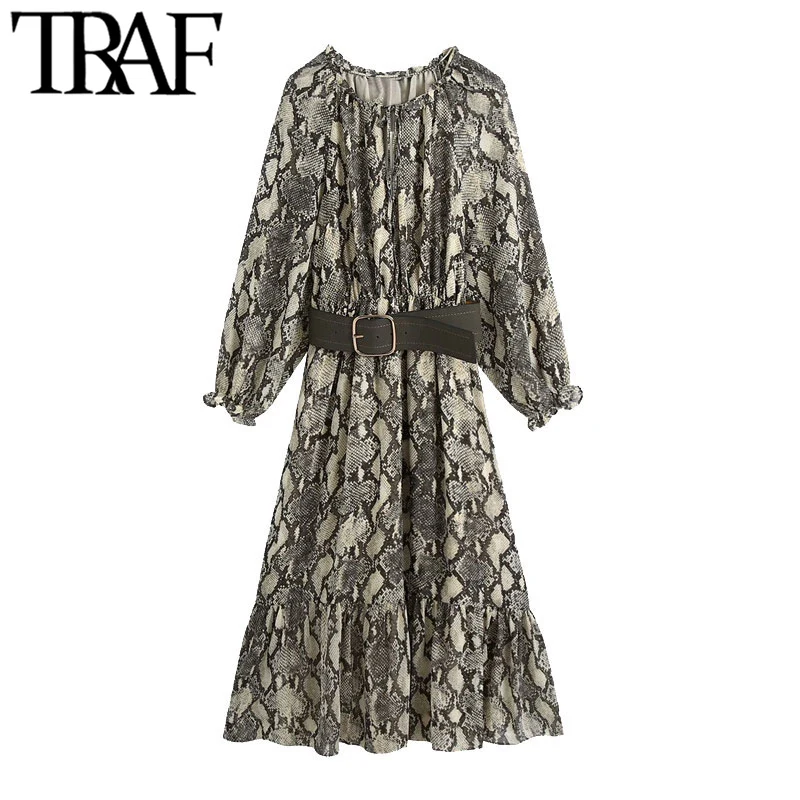 

TRAF Women Chic Fashion With Belt Snake Print Ruffled Midi Dress Vintage Long Sleeve Elastic Waist Female Dresses Mujer
