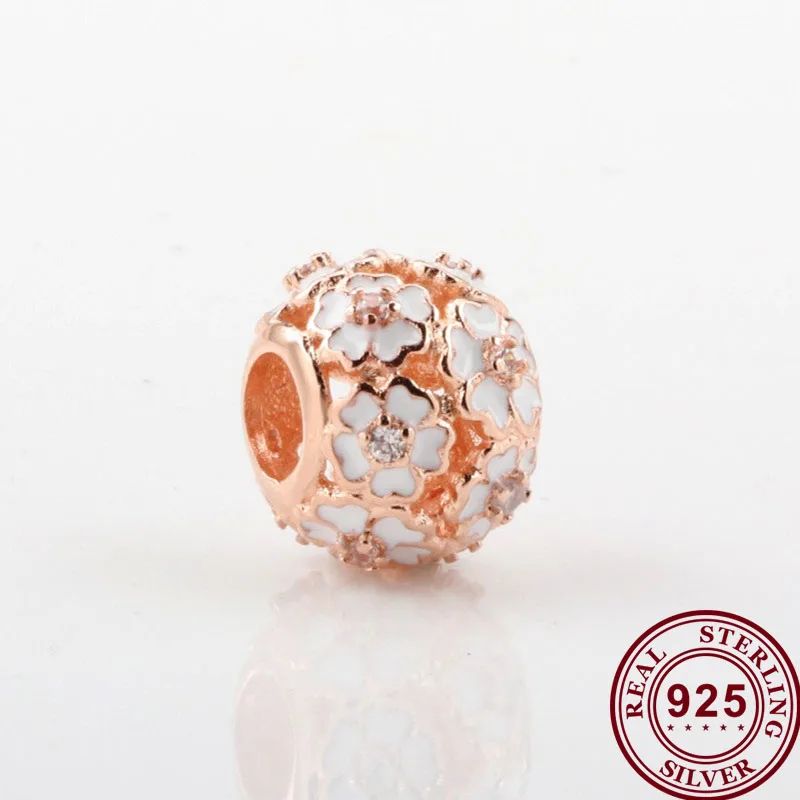 

Original 925 Sterling Silver Bead New White Cherry Blossom Rose Gold Beads Fit Pandora Women Bracelet & Necklace Diy Jewelry