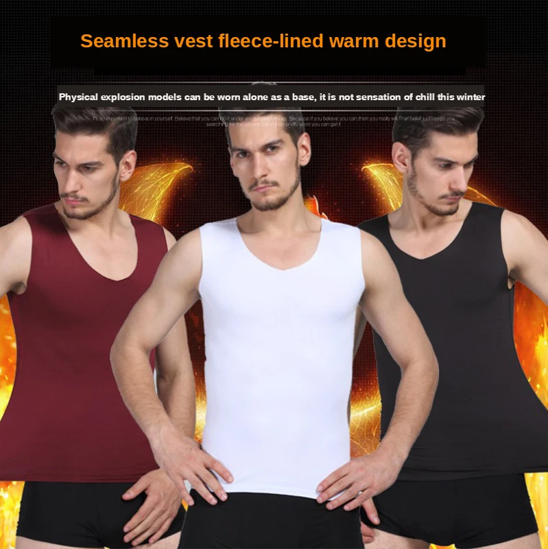 2pcs Set Mens V-neck Thermal Undershirts Solid Base Men's Warm Seamless Slimming Sleeveless Add Velvet Thickening Inner Shirt