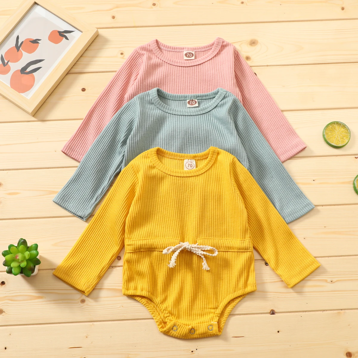 

Infant Newborn Baby Girl Boy 0-18m Solid Bodysuits Elastic Strap Band Waist Long Sleeve Jumpsuits Knitted Spring Autumn Outfits