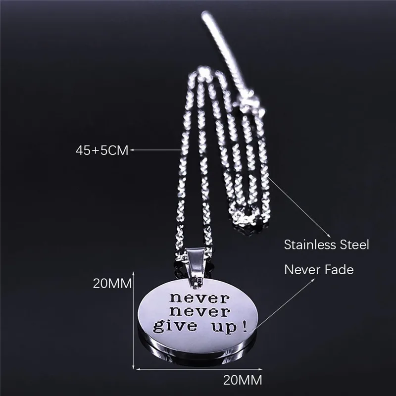 

Never Give Up Stainless Steel Charm Necklaces Women Silver Color Small Statement Necklace Jewelry collar acero inoxidable NXS01