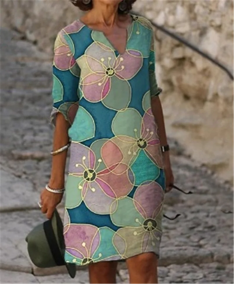 

Cotton hemp small V-neck stitching Vintage printed long sleeve dress for women