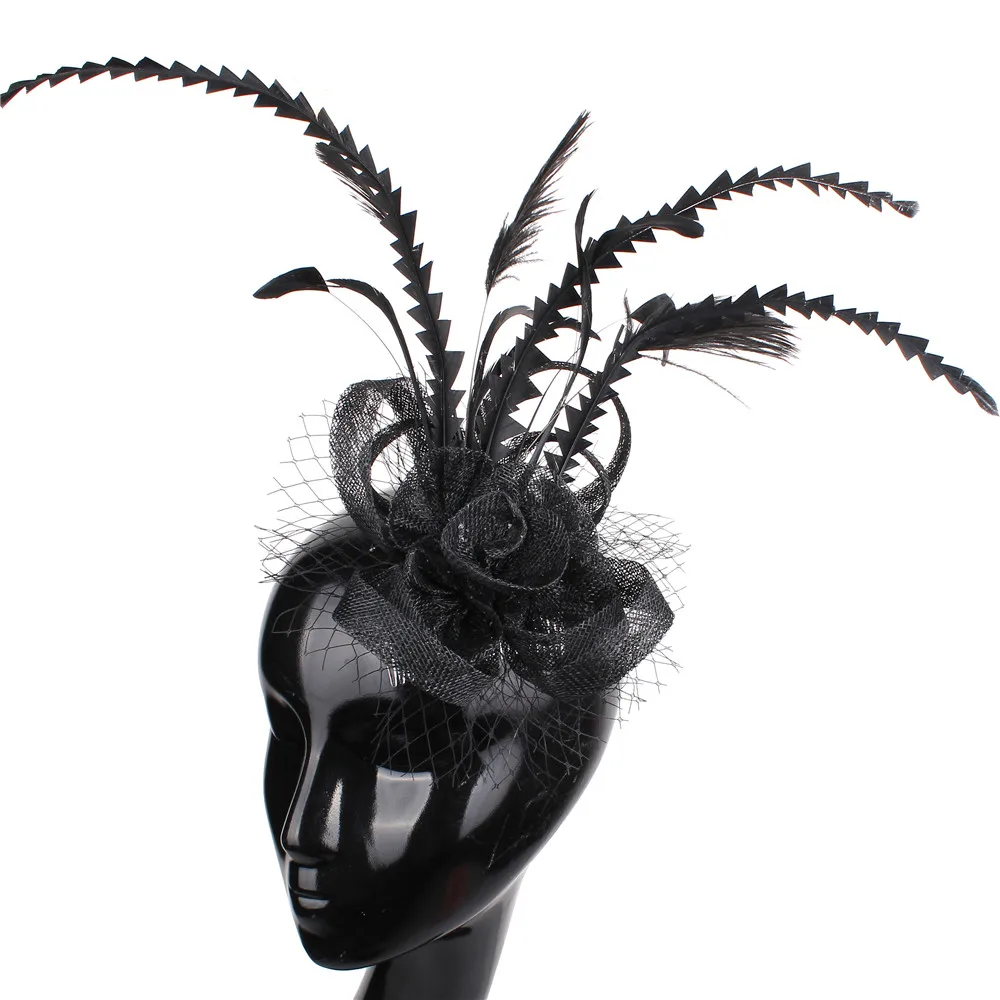 Черный Цвет слоновой кости, Sinamay головной убор для фату из перьев вечерние Головные уборы белье шляпа для женщин перо для торжественного случая расчески для волос Мода - Цвет: Черный